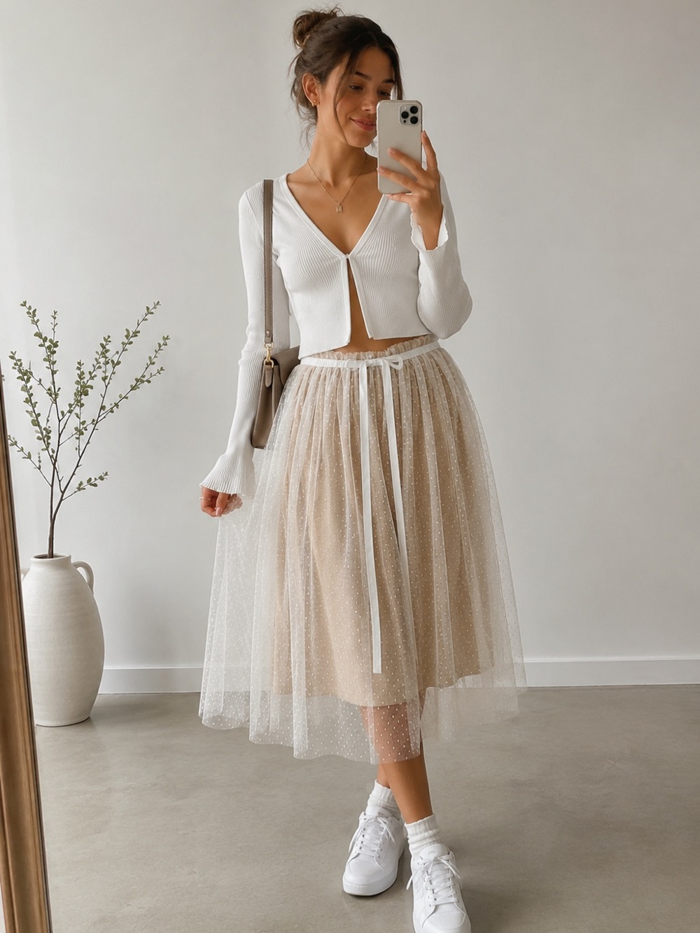 Mi Ami Fairycore Coquette Polka Dot Tulle Midi Skirt Beige Cream Balletcore M